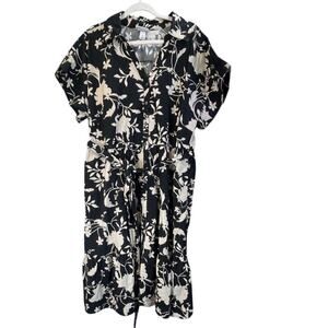 AVA & VIV Womens 2X Black White Print Floral Pockets V Neck Button Down Dress